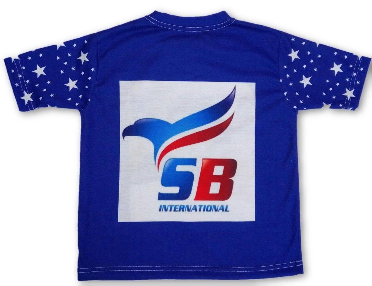 Blue T-shirt back with an SB International print and star-pattern sleeves