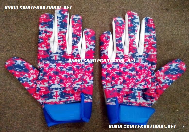 Archived red, white and blue patterned football gloves shown from the back with blue wrist cuffs