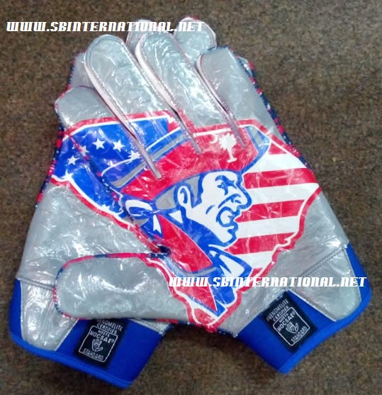 Original archive photo showing the two palms of a custom football glove pair together