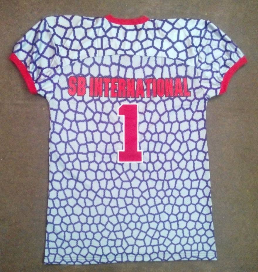 Real past football jersey order, back view with SB International lettering above number 1