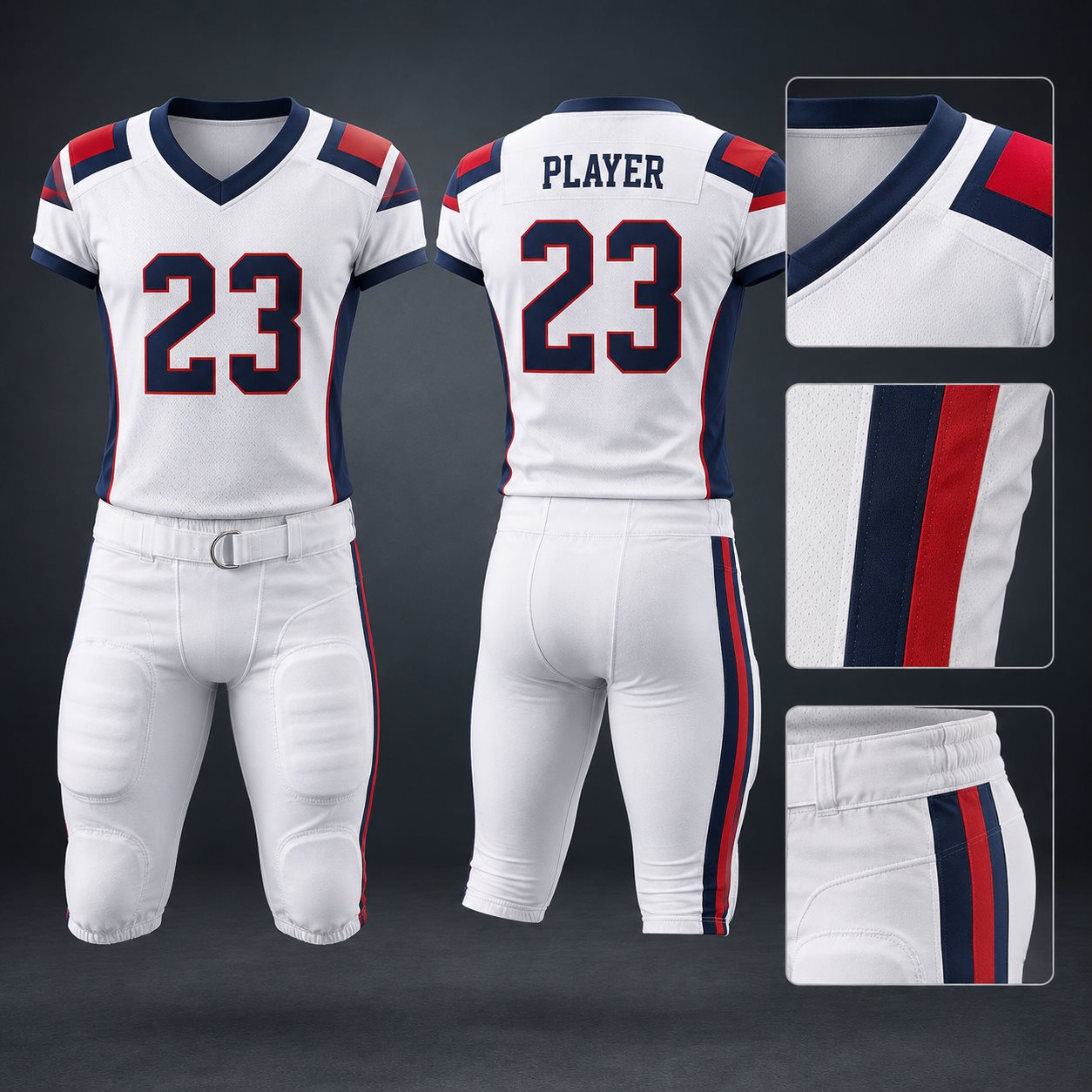 Custom American football uniform design example with matching jersey and pants, player name and number 23