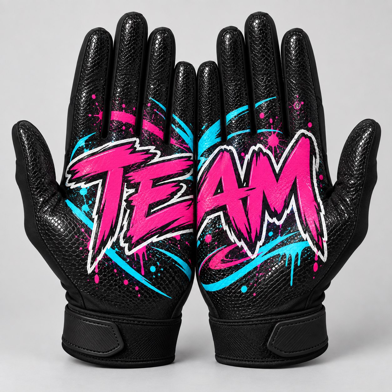 AI design mockup of black custom receiver gloves with pink TEAM lettering joined across the two palms