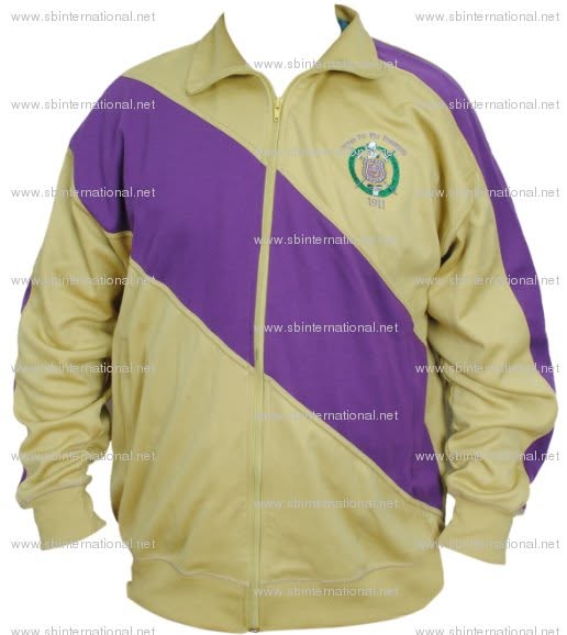 Gold and purple zip-front Greek jacket with diagonal panels and a chest emblem, past SB International order