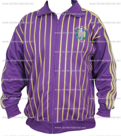 Purple and gold zip-front Greek jacket with vertical stripes and a chest emblem, past SB International order
