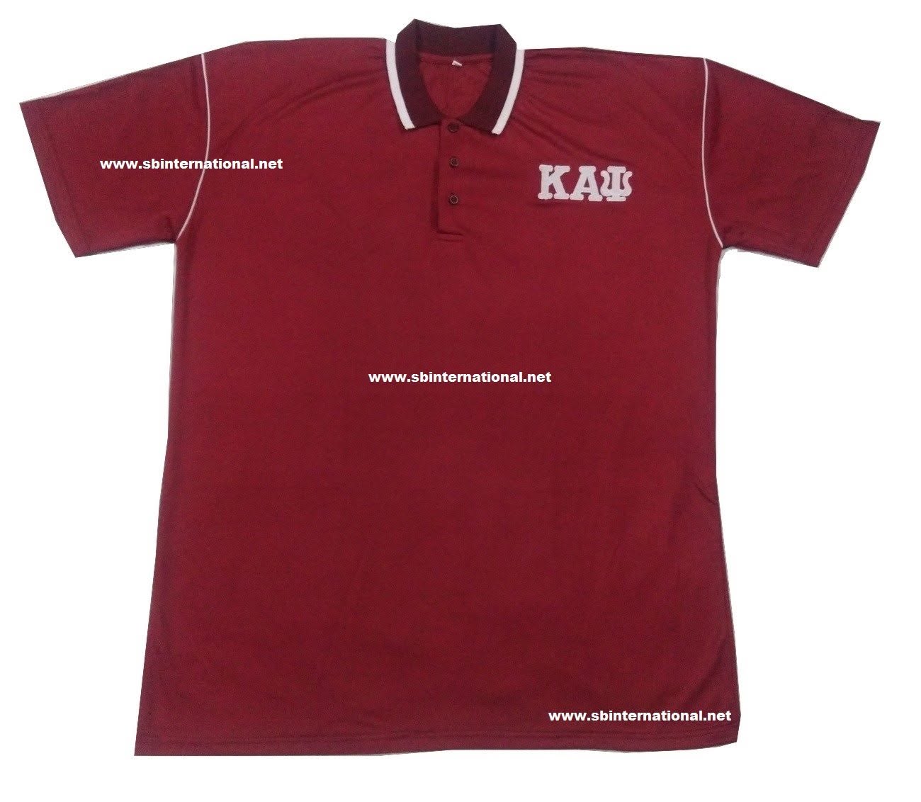Crimson Greek polo shirt with light chest letters and contrast piping, past SB International order