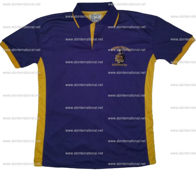 Purple Greek polo shirt with gold trim and side panels and a chest emblem, past SB International order
