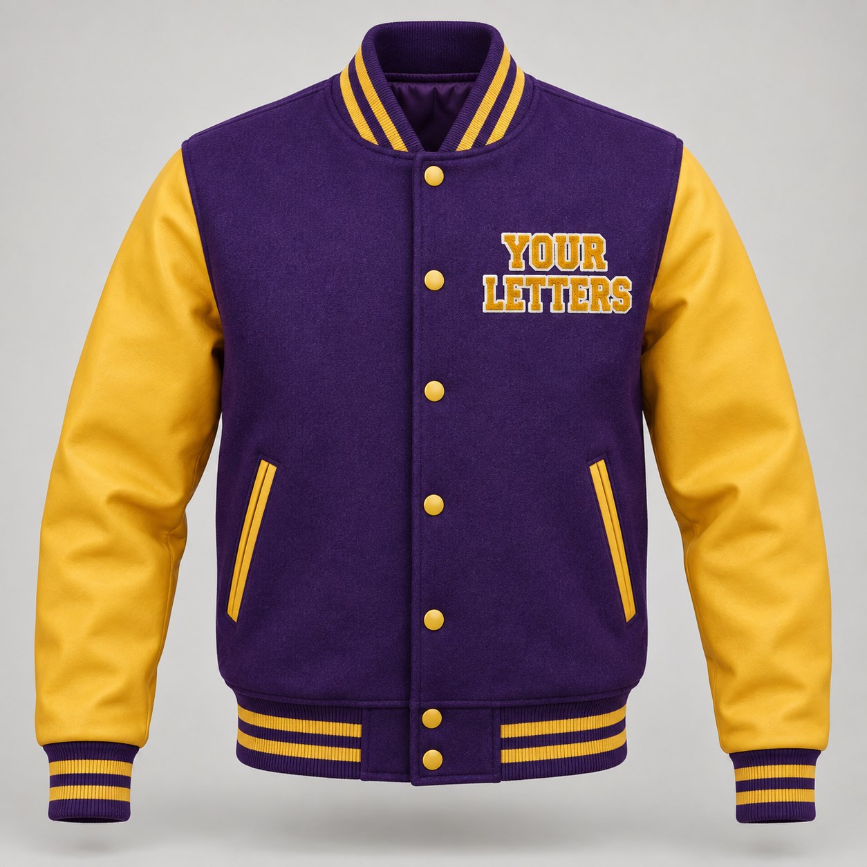 Illustrative purple and gold varsity jacket concept with YOUR LETTERS placeholder decoration