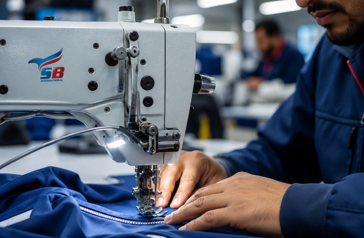 Close-up visual of stitching a blue garment