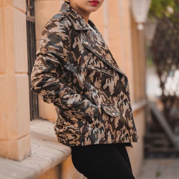 Womens Leather Military Camouflage Print Jacket - Image 2
