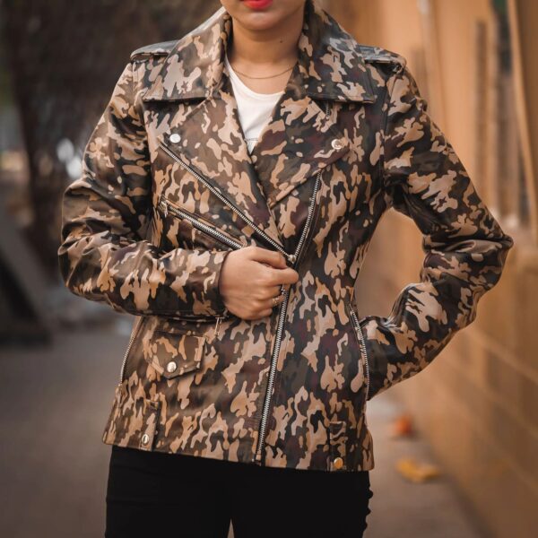 Womens Leather Military Camouflage Print Jacket - Image 3
