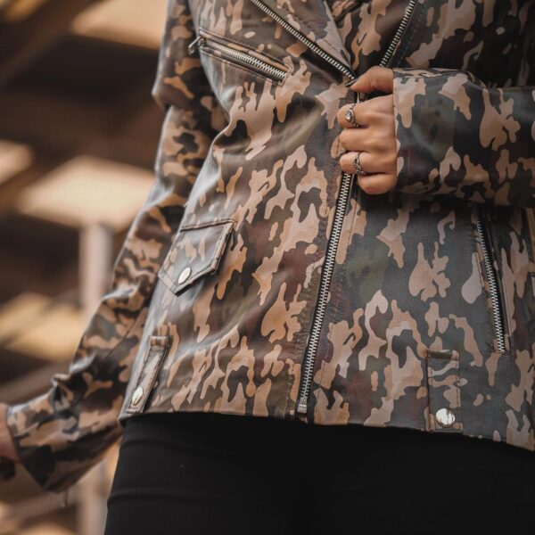 Womens Leather Military Camouflage Print Jacket - Image 4