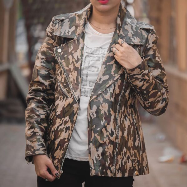 Womens Leather Military Camouflage Print Jacket - Image 5