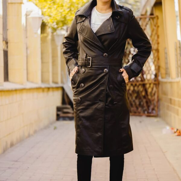 Womens Leather Long Coat-Black - Image 3
