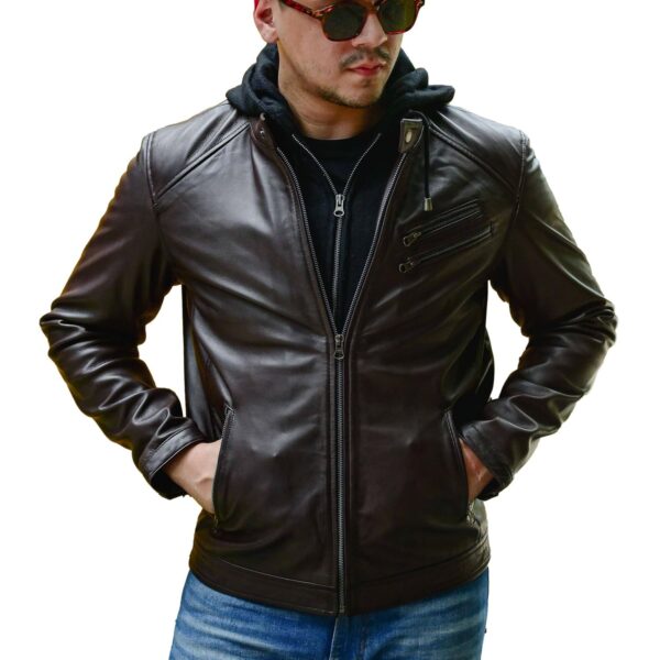 Mens Casual Hooded Vintage Leather Jacket with Removable Hood - Image 2