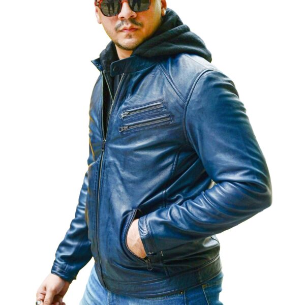 Mens Casual Hooded Vintage Leather Jacket with Removable Hood - Image 5