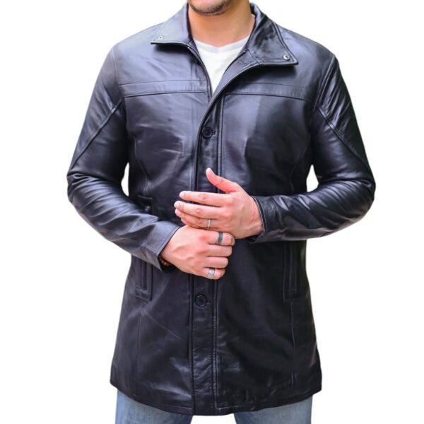 Jild 3/4 Length Trench Leather Car Coats for Men - Image 4