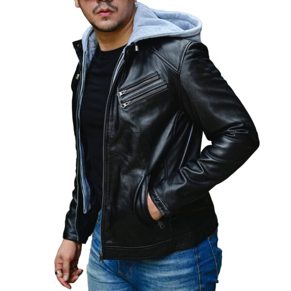 Mens Casual Hooded Vintage Leather Jacket with Removable Hood - Image 3