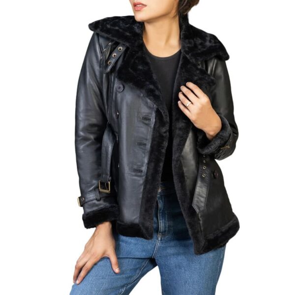 Women’s Double Breasted Real Shearling Leather Jacket - Image 4