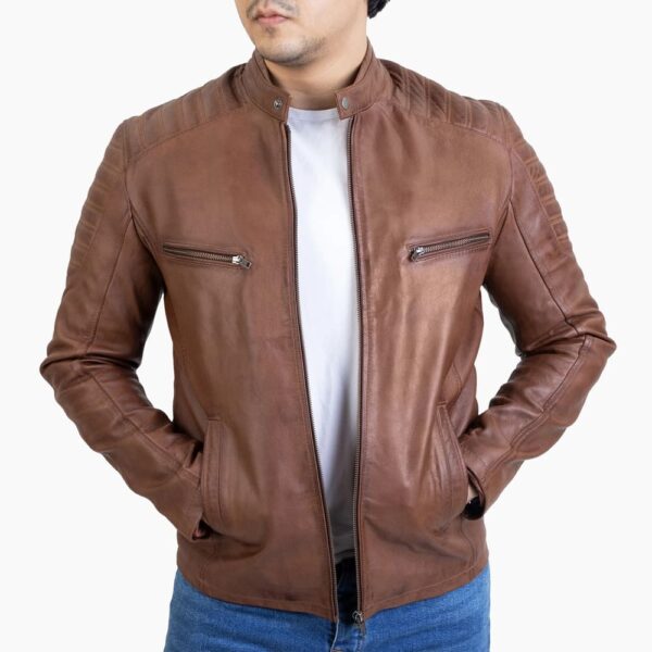 Mens Handwaxed Cognac Lambskin Biker Style Leather Jacket - Image 3