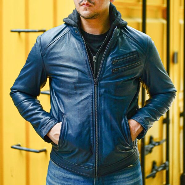 Mens Casual Hooded Vintage Leather Jacket with Removable Hood - Image 4