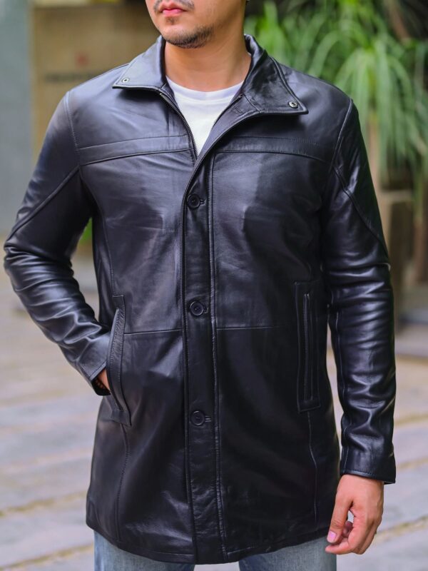Jild 3/4 Length Trench Leather Car Coats for Men - Image 2