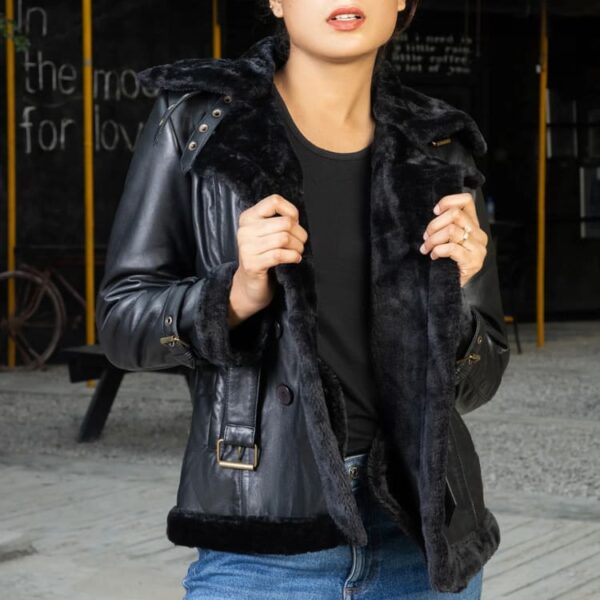 Women’s Double Breasted Real Shearling Leather Jacket - Image 3