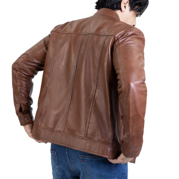Mens Classic Zipper Pockets Handwaxed Leather Jacket - Image 2