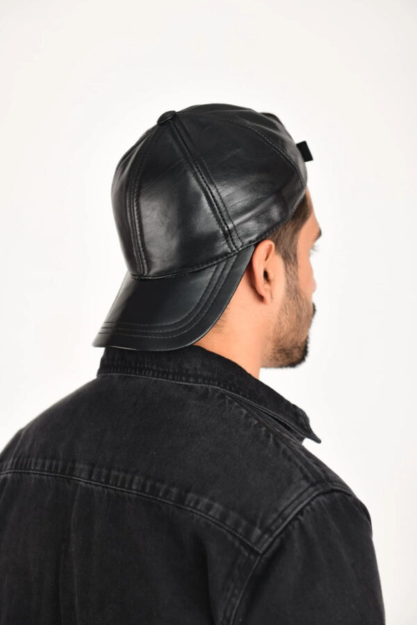 Pure Leather Cap With Adjustable Clip-Black - Image 4