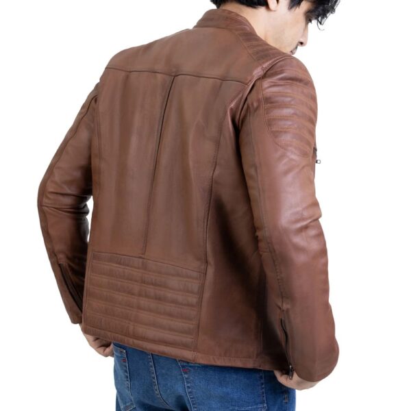 Mens Handwaxed Cognac Lambskin Biker Style Leather Jacket - Image 5