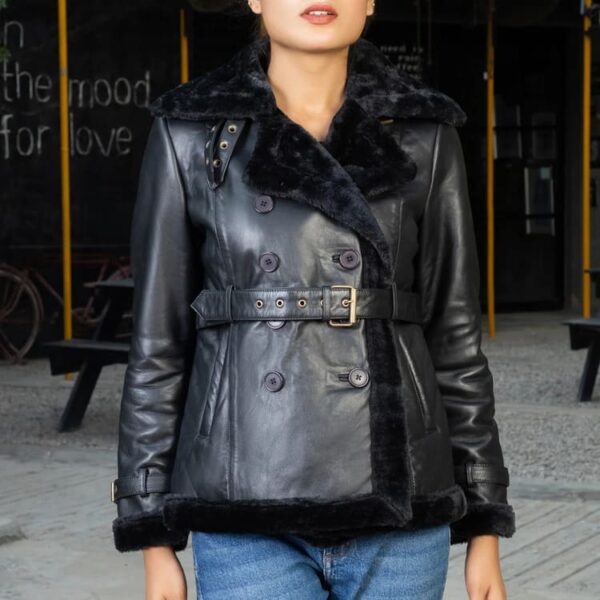 Women’s Double Breasted Real Shearling Leather Jacket - Image 2
