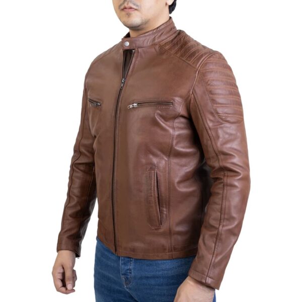 Mens Handwaxed Cognac Lambskin Biker Style Leather Jacket - Image 4