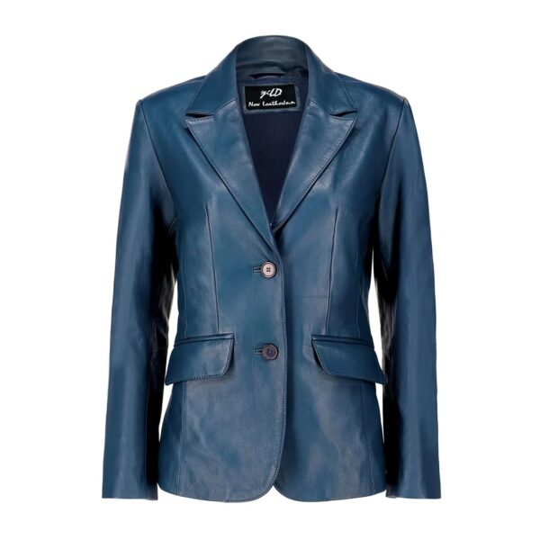 Classic 2-Button Lambskin Leather Blazer Women-Blue - Image 2