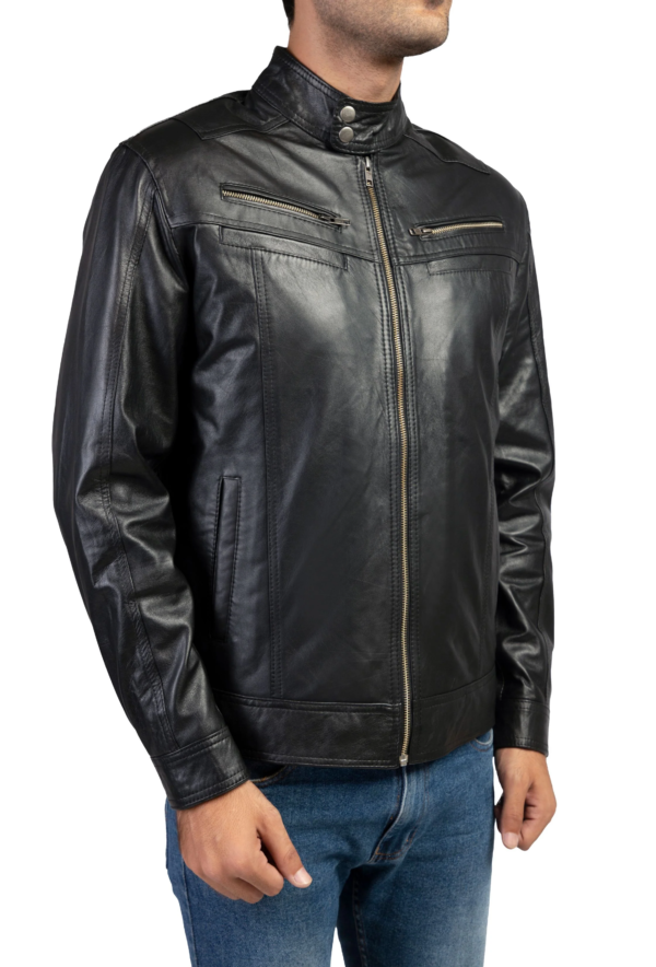 Mens Snap Tab Collar Button Leather Jacket - Image 3
