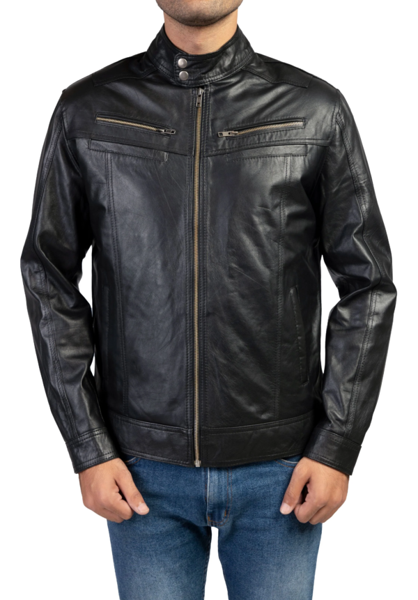 Mens Snap Tab Collar Button Leather Jacket - Image 4