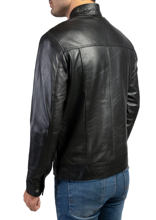 Mens Snap Tab Collar Button Leather Jacket - Image 2