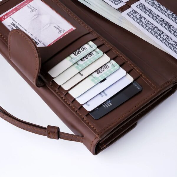 Tri-Fold Pure Leather Long Wallet With Button Closure-BROWN