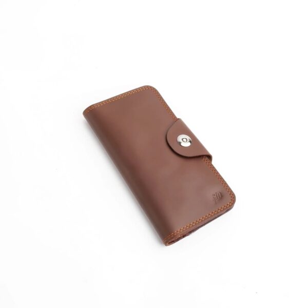 Tri-Fold Pure Leather Long Wallet With Button Closure-BROWN - Image 2