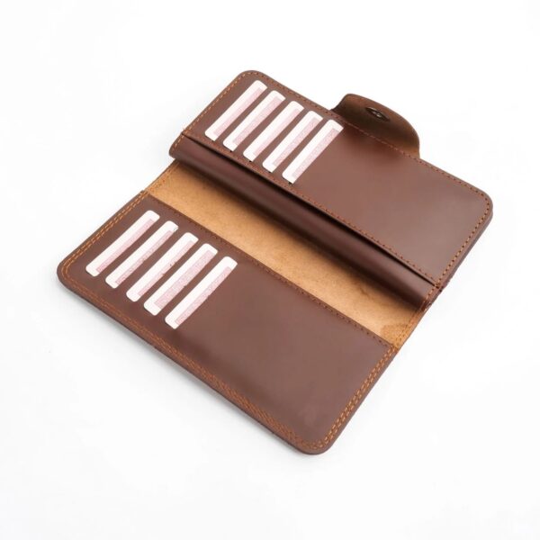 Tri-Fold Pure Leather Long Wallet With Button Closure-BROWN - Image 3