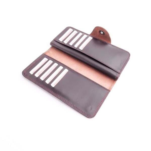 Tri-Fold Pure Leather Long Wallet With Button Closure-BURGUNDY - Image 3