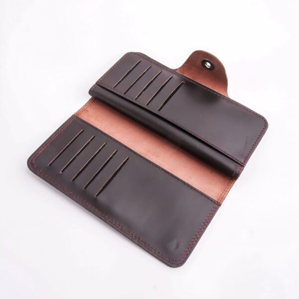Tri-Fold Pure Leather Long Wallet With Button Closure-BURGUNDY - Image 2