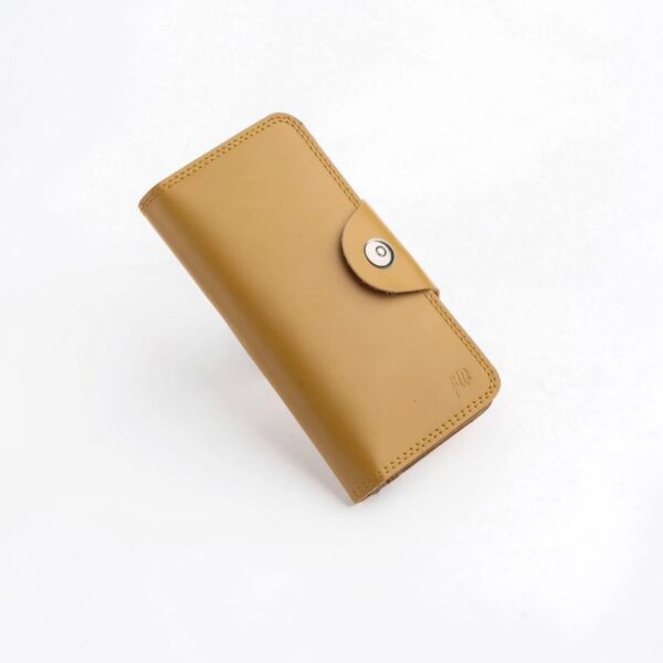 Tri-Fold Pure Leather Long Wallet With Button Closure-CAMEL BROWN - Image 4