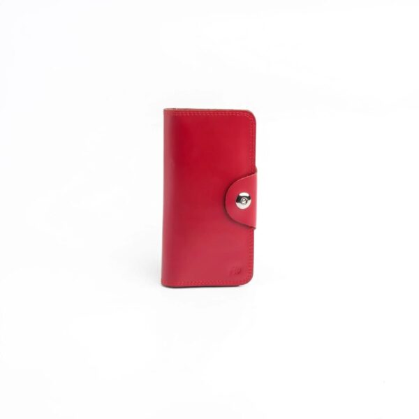 Tri-Fold Pure Leather Long Wallet With Button Closure-RED - Image 2