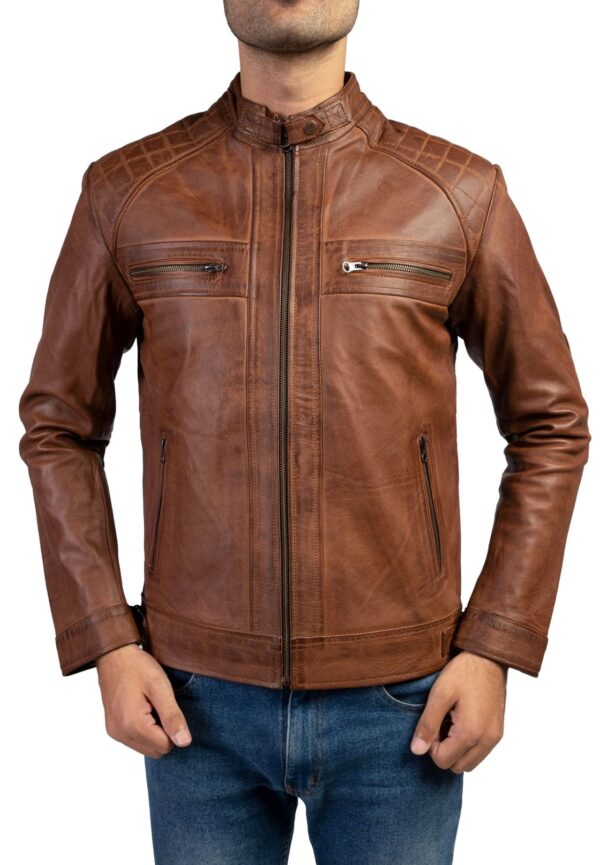 Men's Casual Signature Diamond Lambskin Leather Jacket-Wax Brown - Image 2