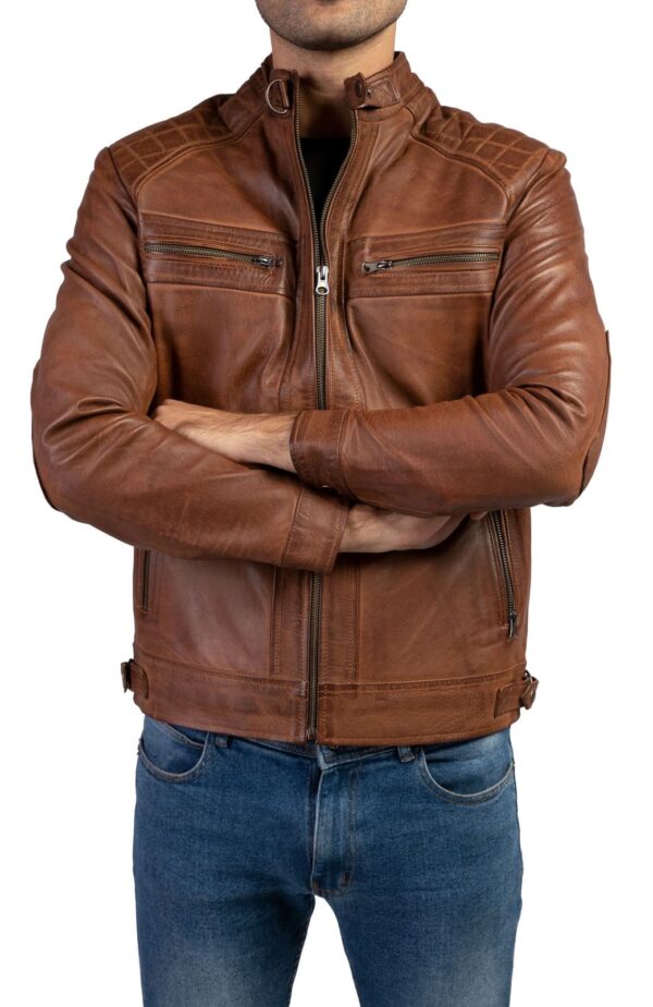 Men's Casual Signature Diamond Lambskin Leather Jacket-Wax Brown - Image 4