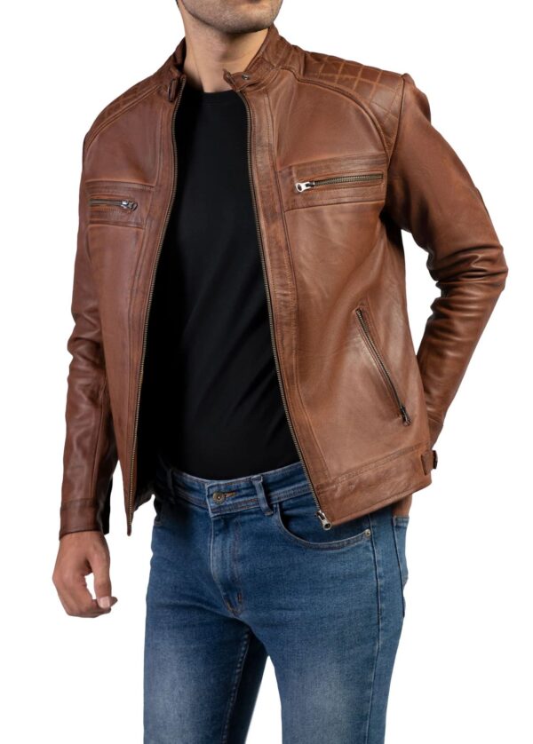 Men's Casual Signature Diamond Lambskin Leather Jacket-Wax Brown - Image 3