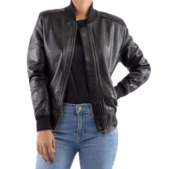 Womens Bomber Leather Jacket-Black - Image 2