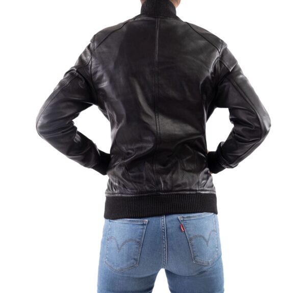 Womens Bomber Leather Jacket-Black - Image 3