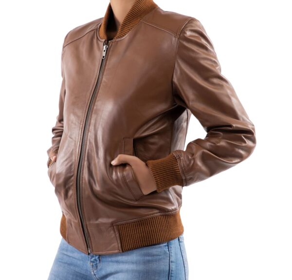 Womens Bomber Leather Jacket-Cognac - Image 2