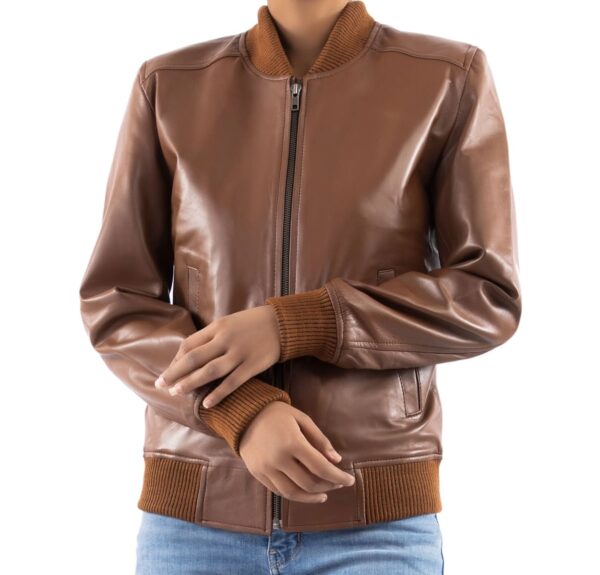 Womens Bomber Leather Jacket-Cognac - Image 3