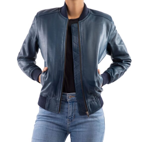 Womens Bomber Leather Jacket-Blue - Image 2